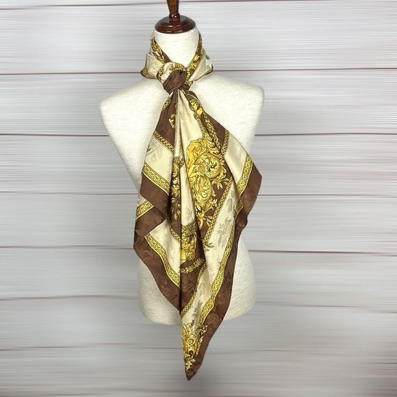 Silk Square Scarf Italy Brown Gold Cream Baroque - Picture 7 of 13